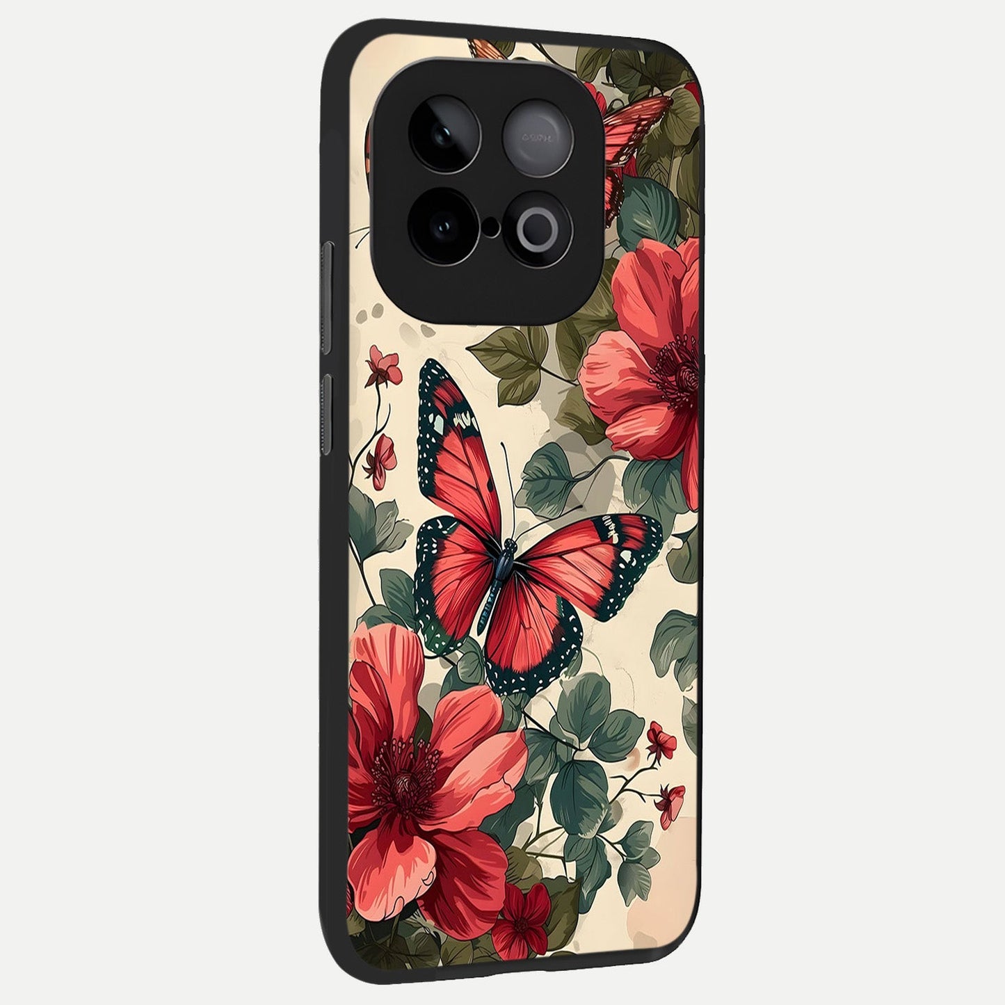 Crimson Butterfly Garden back cover for iQOO Neo 10 slim fit glass case with vibrant aesthetic design