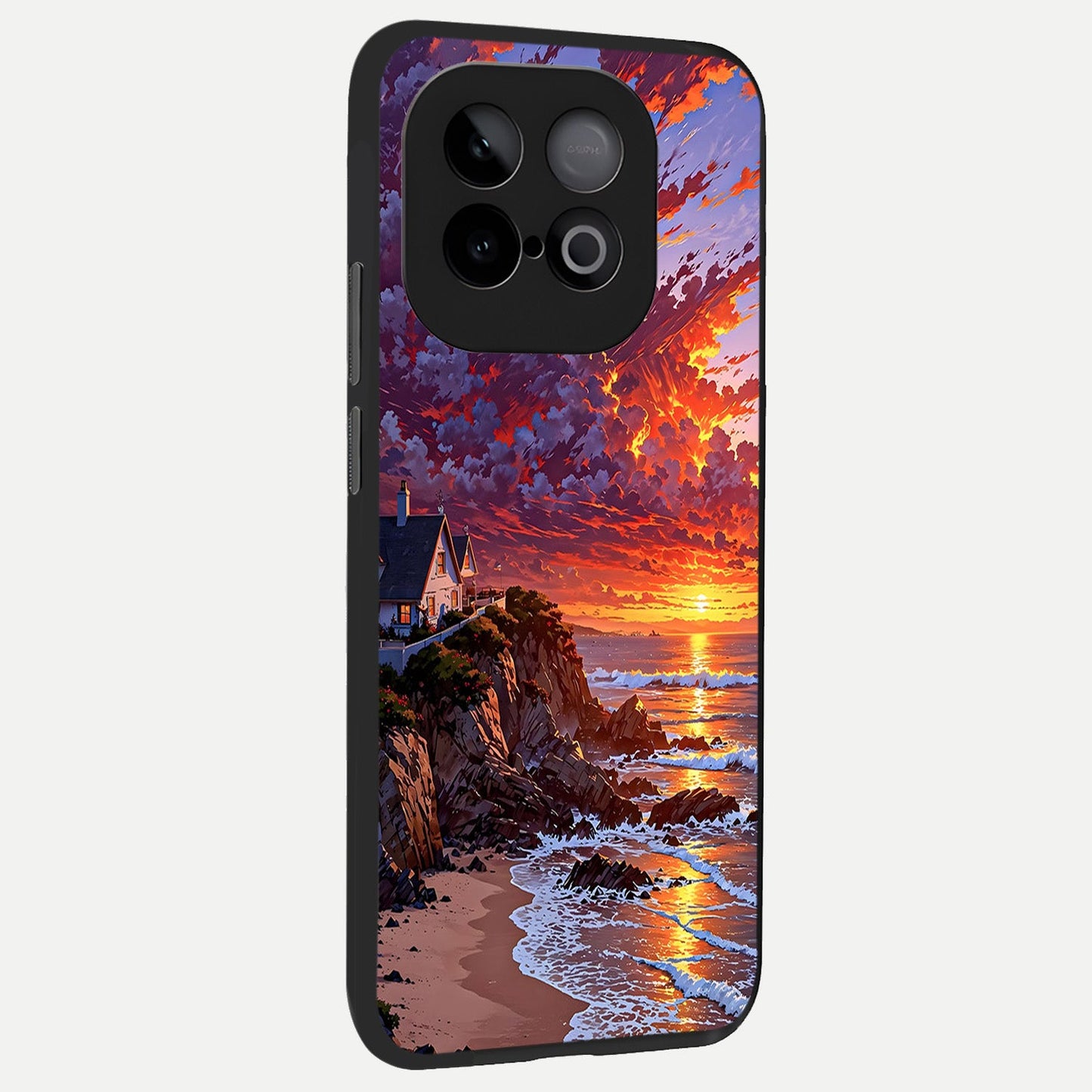 Sunset House By Sea back cover for iQOO Neo 10 slim fit glass case with vibrant aesthetic design