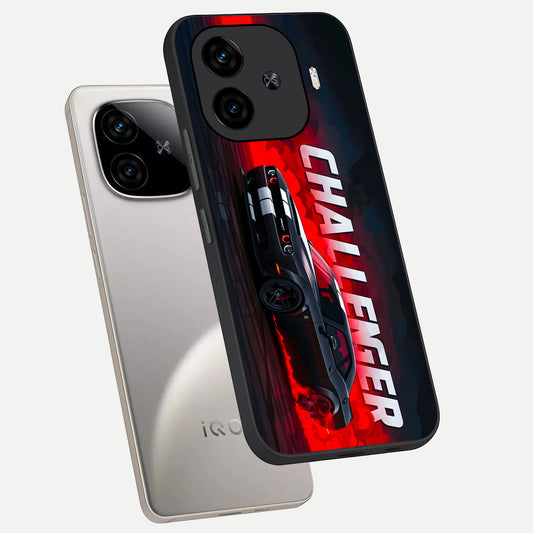 Crimson Challenger Fury phone case for iQOO Z9 Turbo showing premium glass back cover with detailed artwork