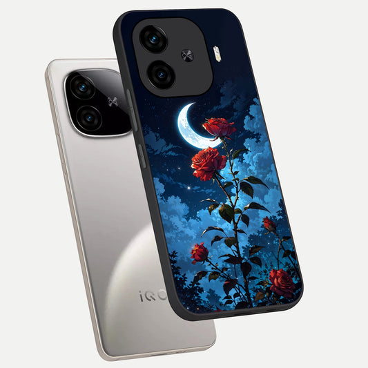 Crimson Rose Moon phone case for iQOO Z9 Turbo showing premium glass back cover with detailed artwork