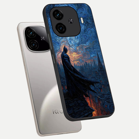 Dark Knight Dusk phone case for iQOO Z9 Turbo showing premium glass back cover with detailed artwork