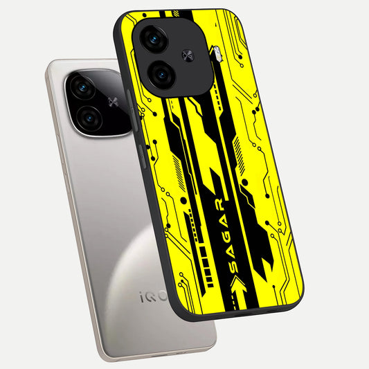 Electric Pulse CYBERPUNK Custom Name phone case for iQOO Z9 Turbo showing premium glass back cover with detailed artwork