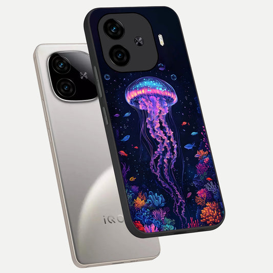 Neon Jellyfish phone case for iQOO Z9 Turbo showing premium glass back cover with detailed artwork
