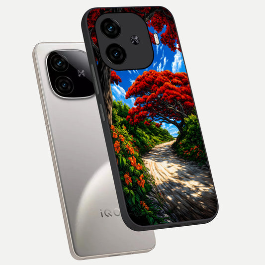 Red Trees Pathway phone case for iQOO Z9 Turbo showing premium glass back cover with detailed artwork