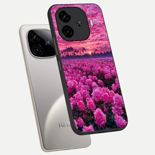 Rose Sunset Valley phone case for iQOO Z9 Turbo showing premium glass back cover with detailed artwork