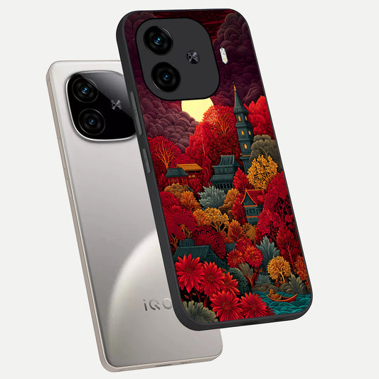 Scarlet Autumn Temple phone case for iQOO Z9 Turbo showing premium glass back cover with detailed artwork