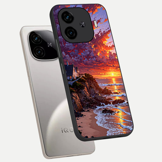 Sunset House By Sea phone case for iQOO Z9 Turbo showing premium glass back cover with detailed artwork