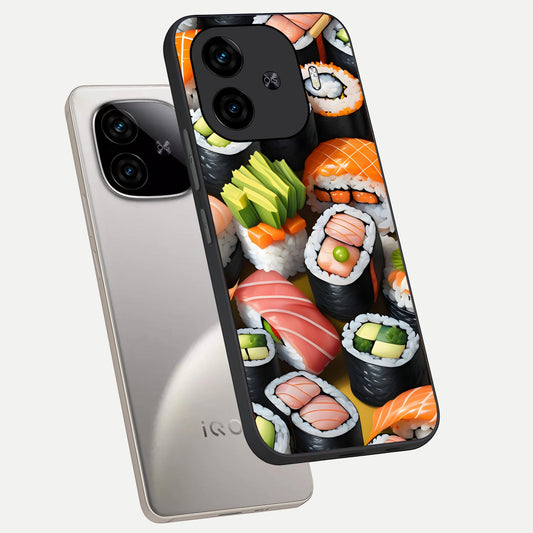 Sushi Food Pattern phone case for iQOO Z9 Turbo showing premium glass back cover with detailed artwork