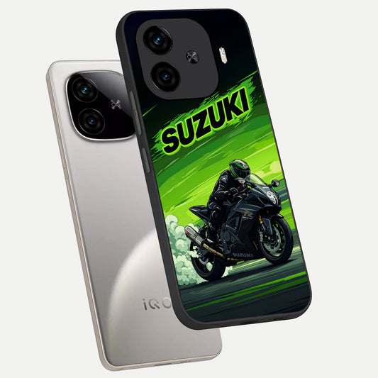 Suzuki Speed Beast phone case for iQOO Z9 Turbo showing premium glass back cover with detailed artwork