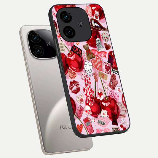 Sweet Cherry Chaos phone case for iQOO Z9 Turbo showing premium glass back cover with detailed artwork