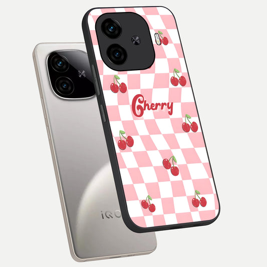 Sweet Cherry Vibes phone case for iQOO Z9 Turbo showing premium glass back cover with detailed artwork
