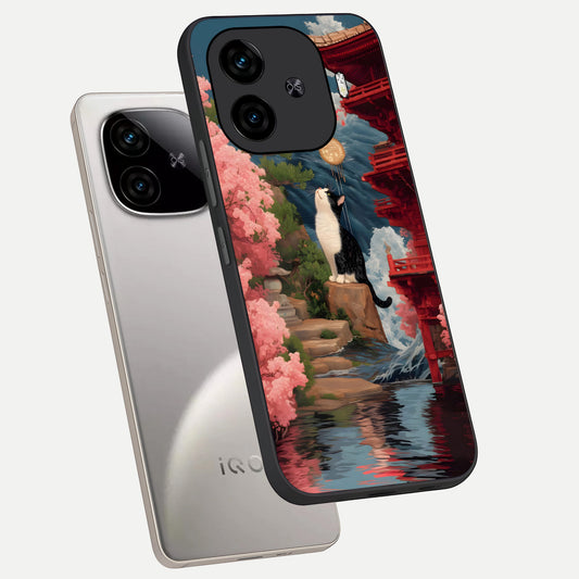 Temple Cat Scenery phone case for iQOO Z9 Turbo showing premium glass back cover with detailed artwork