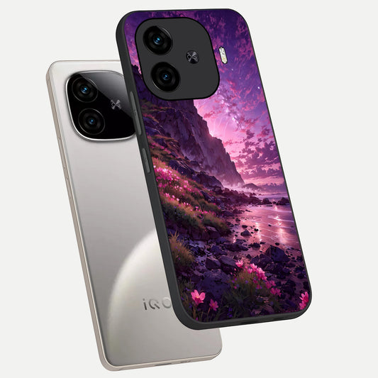 Twilight Blossom Coast phone case for iQOO Z9 Turbo showing premium glass back cover with detailed artwork