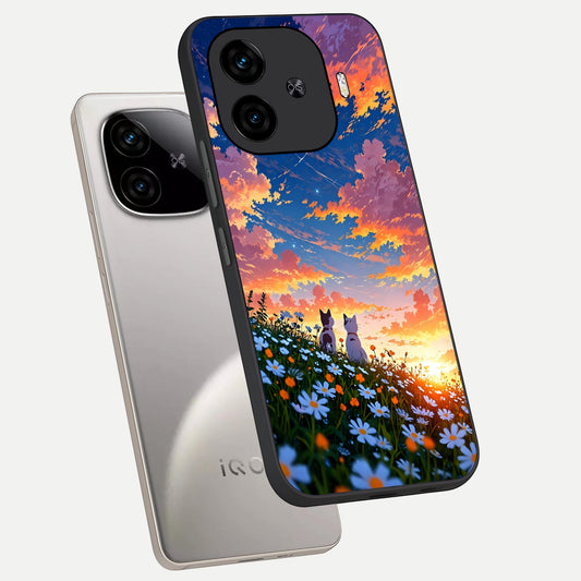 Two Cats Friends phone case for iQOO Z9 Turbo showing premium glass back cover with detailed artwork