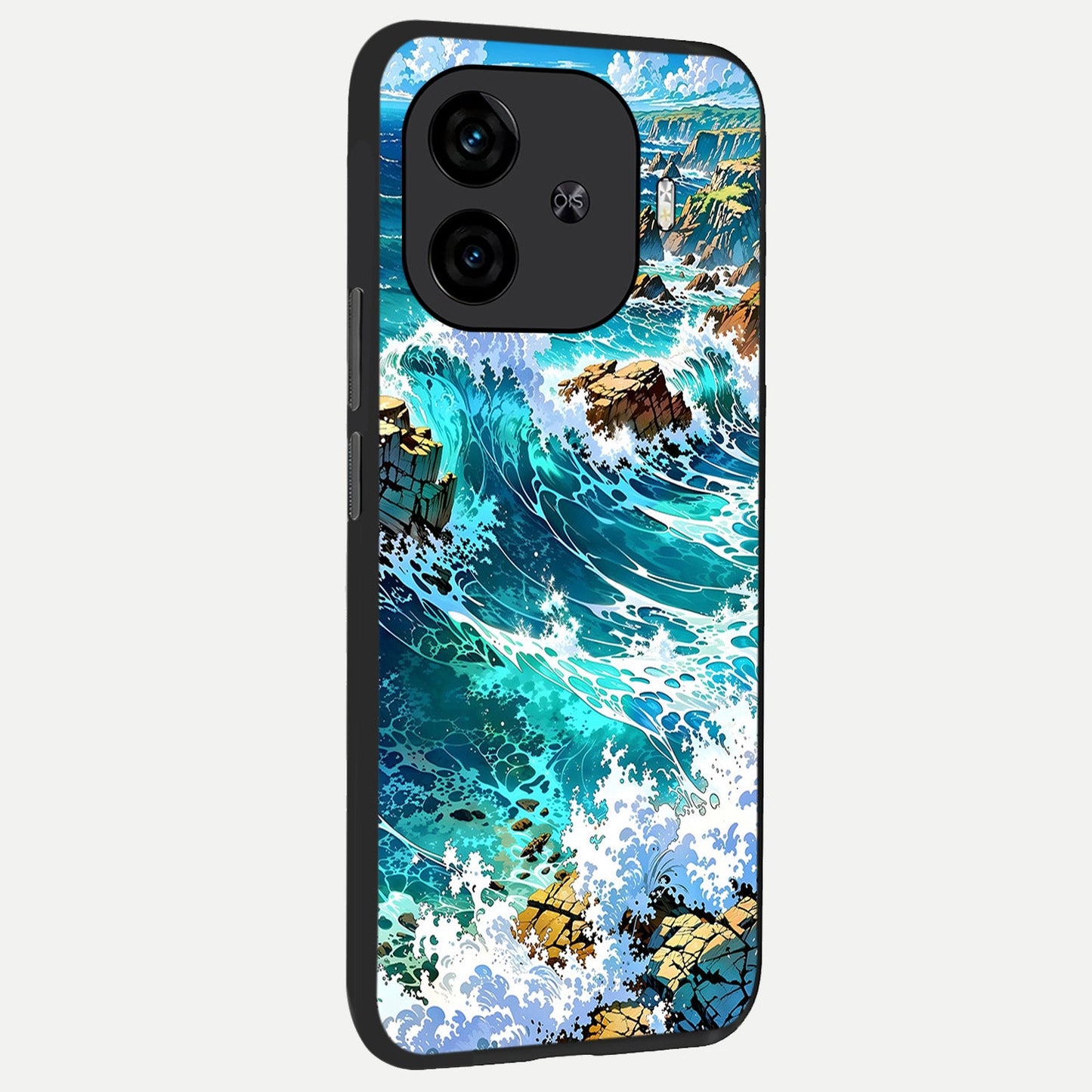 Coastal Blue Waves back cover for iQOO Z9 Turbo slim fit glass case with vibrant aesthetic design