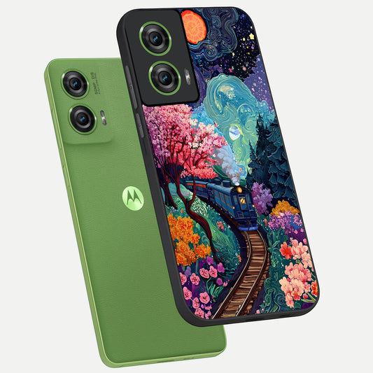 Celestial Train Journey phone case For Moto Edge 50 Fusion showing premium glass back cover with detailed artwork
