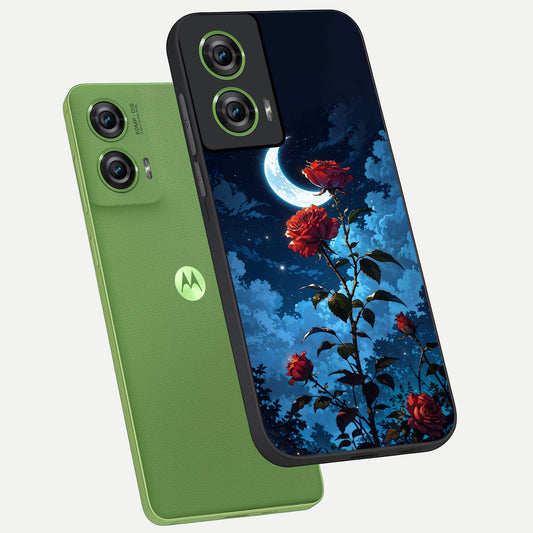 Crimson Rose Moon phone case For Moto Edge 50 Fusion showing premium glass back cover with detailed artwork