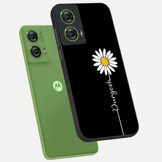 Custom Name White Flower phone case For Moto Edge 50 Fusion showing premium glass back cover with detailed artwork