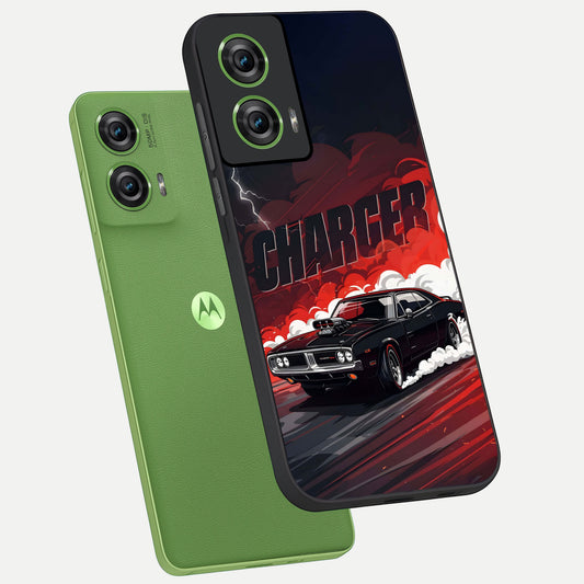 Dark Charger Fury phone case For Moto Edge 50 Fusion showing premium glass back cover with detailed artwork