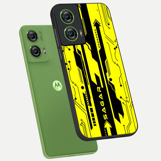 Electric Pulse CYBERPUNK Custom Name phone case For Moto Edge 50 Fusion showing premium glass back cover with detailed artwork