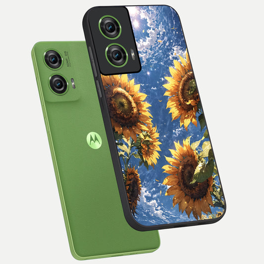 Heavenly Sunflower Rise phone case For Moto Edge 50 Fusion showing premium glass back cover with detailed artwork
