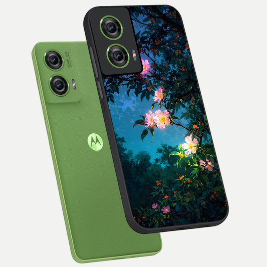 Midnight Bloom Glow phone case For Moto Edge 50 Fusion showing premium glass back cover with detailed artwork