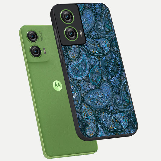 Midnight Paisley Glow phone case For Moto Edge 50 Fusion showing premium glass back cover with detailed artwork