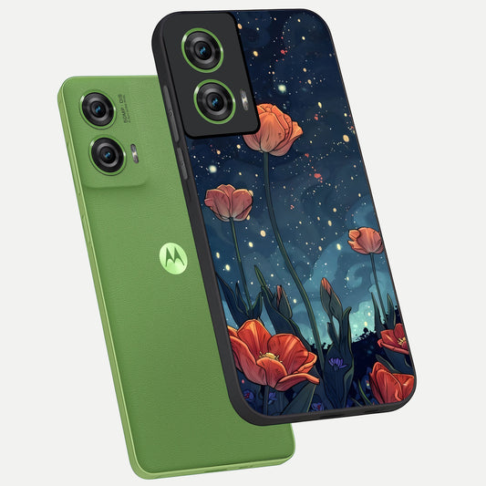 Midnight Tulip Glow phone case For Moto Edge 50 Fusion showing premium glass back cover with detailed artwork