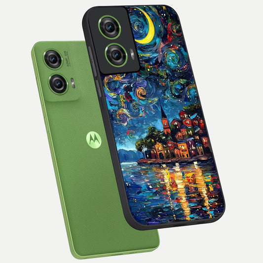 Moonlight Harbor Glow phone case For Moto Edge 50 Fusion showing premium glass back cover with detailed artwork