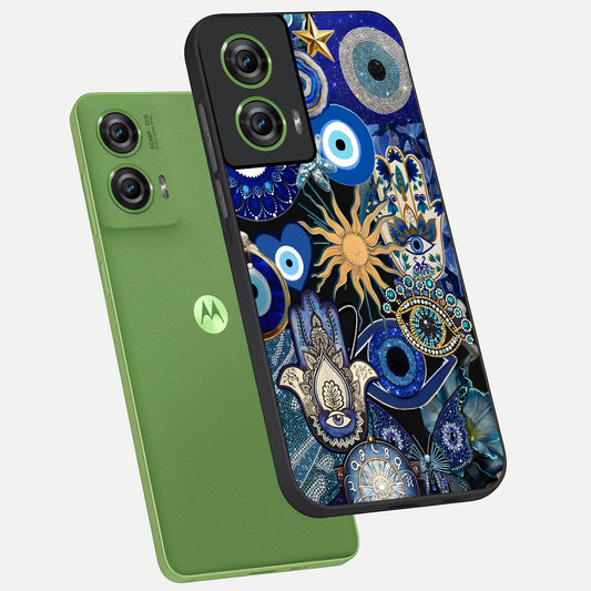 Mystic Blue Evil Eye phone case For Moto Edge 50 Fusion showing premium glass back cover with detailed artwork