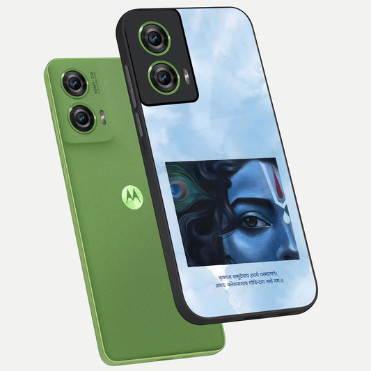 Spiritual Krishna phone case For Moto Edge 50 Fusion showing premium glass back cover with detailed artwork