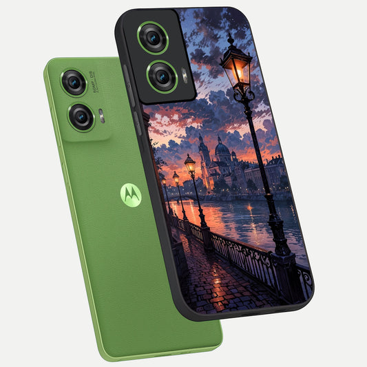 Twilight River Lights phone case For Moto Edge 50 Fusion showing premium glass back cover with detailed artwork