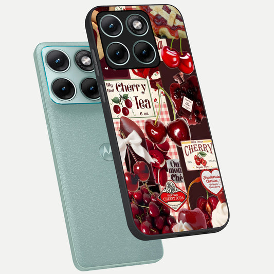 Aesthetic Cherry Tea phone case For Moto Edge 70 Fusion showing premium glass back cover with detailed artwork