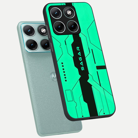Aqua Tech CYBERPUNK Custom Name phone case For Moto Edge 70 Fusion showing premium glass back cover with detailed artwork