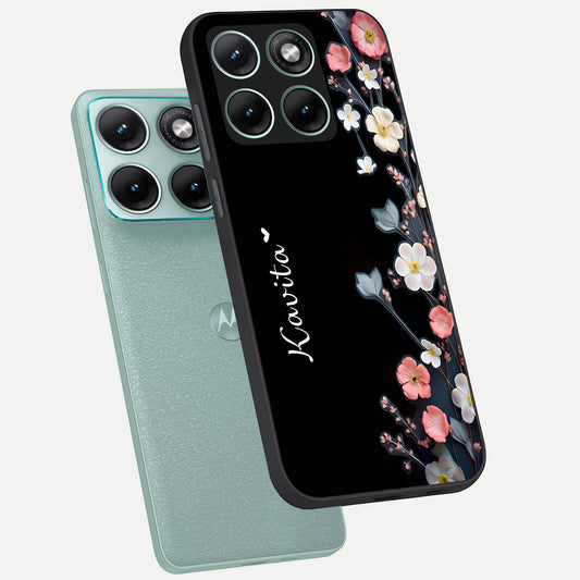Black Elegance Floral Custom Name phone case For Moto Edge 70 Fusion showing premium glass back cover with detailed artwork