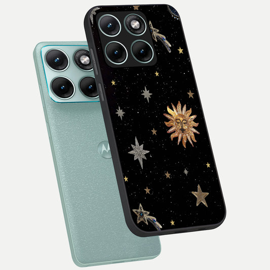 Celestial Moon With Stars phone case For Moto Edge 70 Fusion showing premium glass back cover with detailed artwork