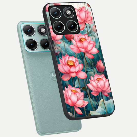 Celestial Pink Lotus phone case For Moto Edge 70 Fusion showing premium glass back cover with detailed artwork