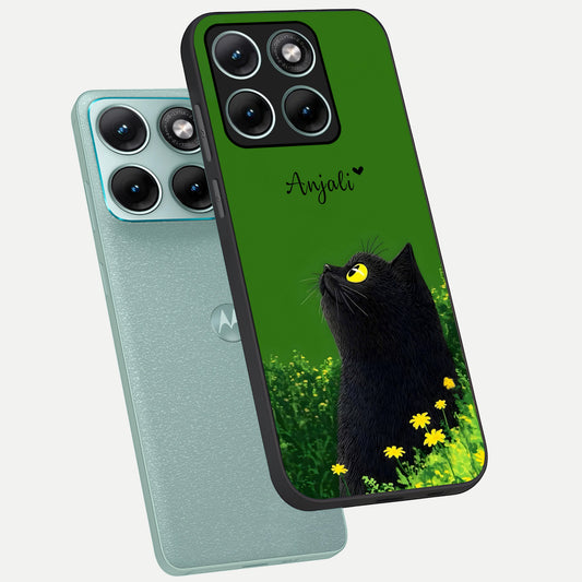 Emerald Cat Custom Name phone case For Moto Edge 70 Fusion showing premium glass back cover with detailed artwork