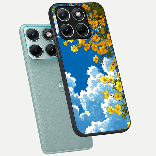 Golden Petal Sky phone case For Moto Edge 70 Fusion showing premium glass back cover with detailed artwork