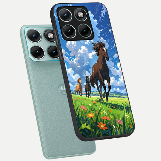 Majestic Horses Galloping phone case For Moto Edge 70 Fusion showing premium glass back cover with detailed artwork