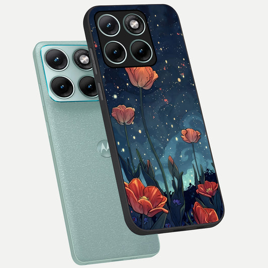 Midnight Tulip Glow phone case For Moto Edge 70 Fusion showing premium glass back cover with detailed artwork