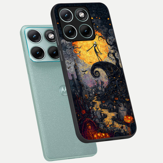 Pumpkin Moon Night phone case For Moto Edge 70 Fusion showing premium glass back cover with detailed artwork