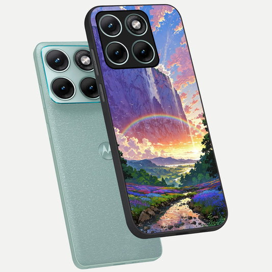 Rainbow Valley Dream phone case For Moto Edge 70 Fusion showing premium glass back cover with detailed artwork