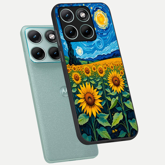 Starry Sunflower Dreams phone case For Moto Edge 70 Fusion showing premium glass back cover with detailed artwork