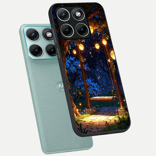 Twilight Garden Swing phone case For Moto Edge 70 Fusion showing premium glass back cover with detailed artwork