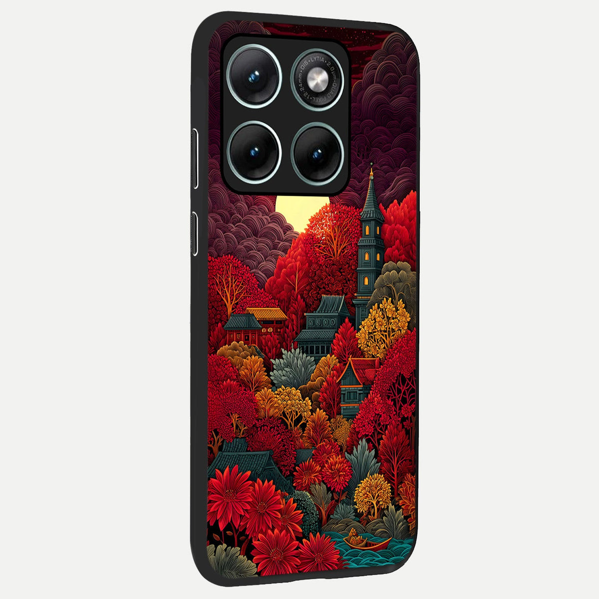 Scarlet Autumn Temple back cover For Moto Edge 70 Fusion slim fit glass case with vibrant aesthetic design