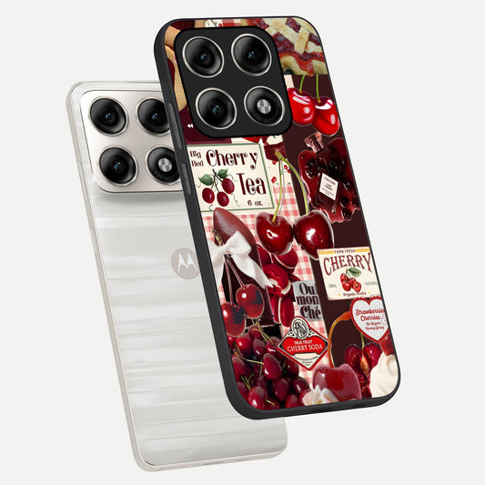 Aesthetic Cherry Tea phone case For Moto Edge 70 Pro showing premium glass back cover with detailed artwork