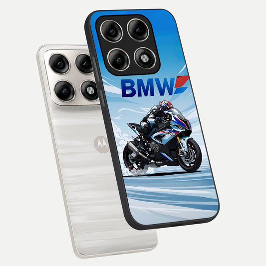 BMW Power Drift phone case For Moto Edge 70 Pro showing premium glass back cover with detailed artwork