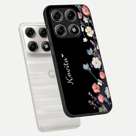 Black Elegance Floral Custom Name phone case For Moto Edge 70 Pro showing premium glass back cover with detailed artwork