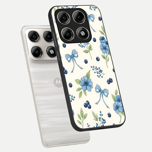 Blue Flower And Bow phone case For Moto Edge 70 Pro showing premium glass back cover with detailed artwork